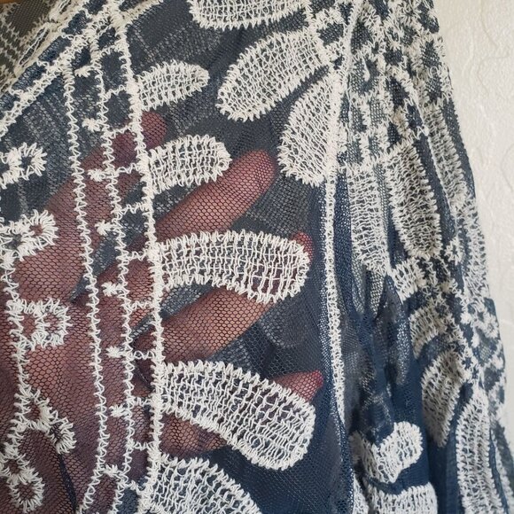 Rebellion Again Mesh Crochet Lace Open Kimono Cover Up Blue Size L Beachy Boho - Picture 9 of 11